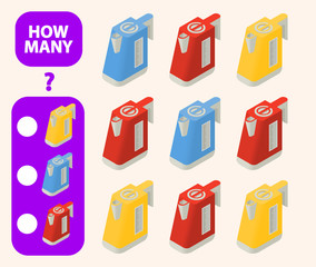 Count how many  isometric electric kettle is educational game. Maths task development of logical thinking of children. Counting kitchen appliancesgames  for preschool  kids. Flat vector.