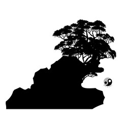 Naklejka premium Japanese bonsai tree and stone , plant silhouette icons on white background, Black silhouette of bonsai. Detailed image. Vector