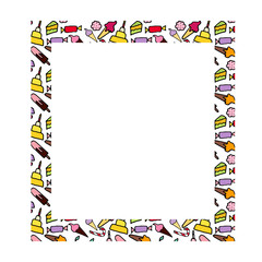 Vector frame with doodle candies. Sweet are hand drawn with black stroke.
