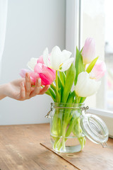 Woman hand touching buds of tulips in a vase on windowsill