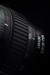 Professional photographic lens 24-105 mm polarizing filter for modern DSLR camera, PRO series image stabilization.  Close-up macro shot of