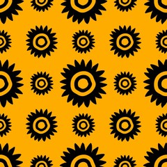 Floral pattern with abstract daisy. Hand drawn summer flower. Black yellow design. Seamless repeat background.