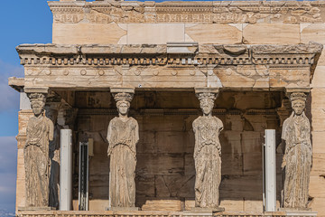 The Erechtheion (or Erechtheum, 406 BC) with Caryatids - ancient Greek temple on the north side of...