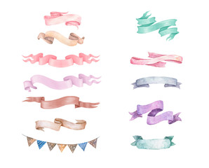 Watercolor ribbons set. Hand drawn stripes or banners for text. Watercolor design elements isolated objects. - 324804027