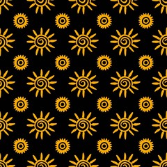 Pattern with hand drawn sun symbol stylized in folk etnic style of ancient culture. Gold yellow on black background. Seamless design. Great for fabric, scrapbooking and textile.
