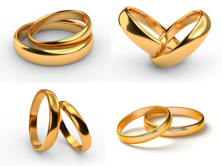 Collection of couples wedding gold rings lie on each other isolated on white