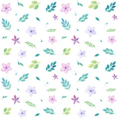 Fototapeta premium Spring seamless pattern of flowers and leaves in watercolor, greetings card, isolated on white, vibrant colors