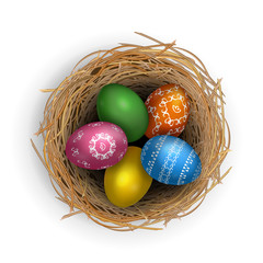 Easter multi-colored eggs decorated with ornaments in a wicker basket of branches. Vector isolated image on a white background. Clipart for a holiday card, banner, poster. Realistic eggs, 3d, concept