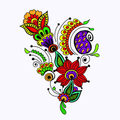 Fototapeta na wymiar Decorative, floral ornament. Cartoon style hand-drawn in bright colors. Isolated white. Stock illustration. 