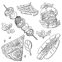 Vegan Fast Food Set. Burger, hot dog, pizza, grilled vegetables, french fries. Line Art. Stock illustration. Design for textiles, packaging, fabrics, menus, restaurants, cafes. 