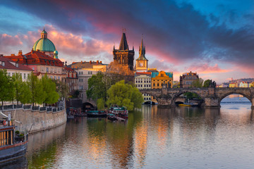 Charles bridge in Prague at sunrise, Czech Republic