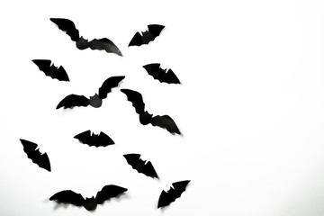 Halloween paper decorations concept. Black paper bats on a white background. Halloween concept.