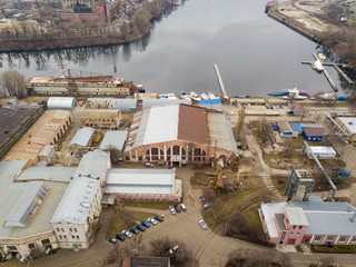 Aerial drone view. Shipyard in Kyiv.