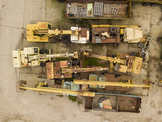 Aerial drone view. Service crane  parked.