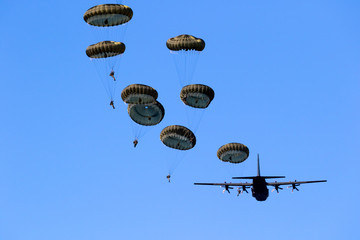 Military parachutist paratroopers jumping out of an air force airplane. - obrazy, fototapety, plakaty