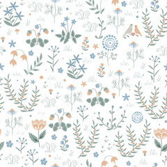 Vector floral seamless pattern with meadow plants, flowers and birds, doodle scandinavian background