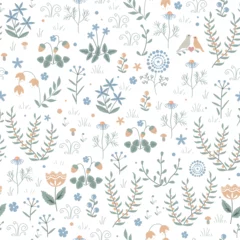 Papier peint Style scandinave Modèle sans couture floral de vecteur avec des plantes de prairie, des fleurs et des oiseaux, fond scandinave de griffonnage