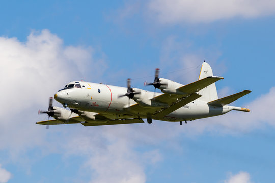 German Navy P-3 Orion partol plane performing at the Tag der Bundeswehr. JAGEL, GERMANY - JUN 13, 2019.
