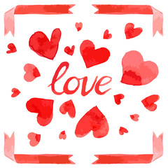 Watercolor vector style illustrated red hearts, ribbons and love calligraphy Valentine's day set