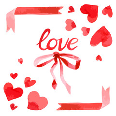 Watercolor style vector illustrated red hearts, ribbons, bow and love calligraphy Valentine's day set © mimibubu