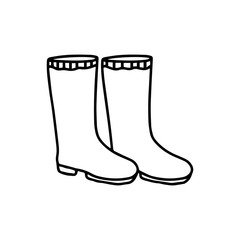 Rubber boots in hand drawn doodle style isolated on white background. Vector outline stock illustration. Sign footwear gardening element.