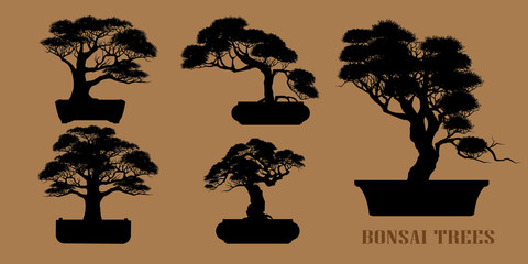 set of Bonsai, Black silhouette of bonsai. Vector illustration. Original bonsai style vector illustrations. Decorative arts Small plant in pot Decorative plants, dwarf trees, ornamental plants.