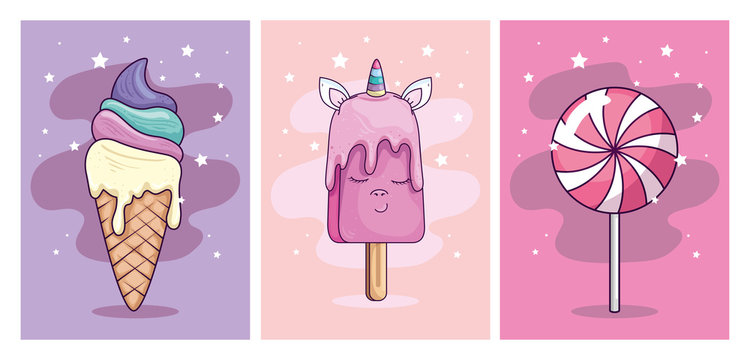 cute unicorn ice cream kawaii with cute icons vector illustration design