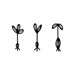 Seedlings in hand drawn doodle style isolated on white background. Vector outline stock illustration. Sign gardening element.