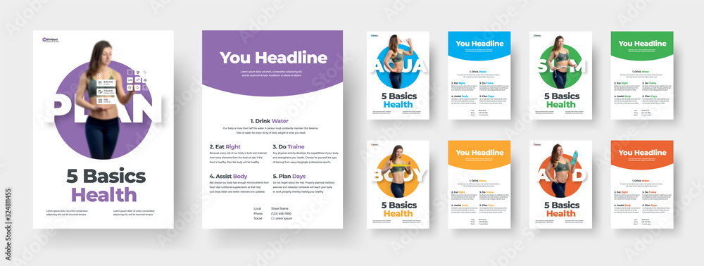 Poster double-sided leaflet template with colored circles and a girl on a white background.