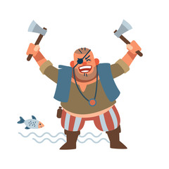A small muscular Pirate-robber with an eye patch rejoices at the victory. Vector illustration of flat cartoon on white background. © Bahauaddinbek