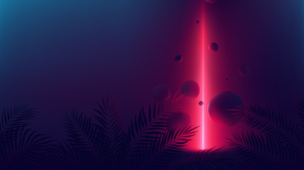 Futuristic allusion red neon ray, light reflex on spheres, vector background with empty space with tropical plants © max_776