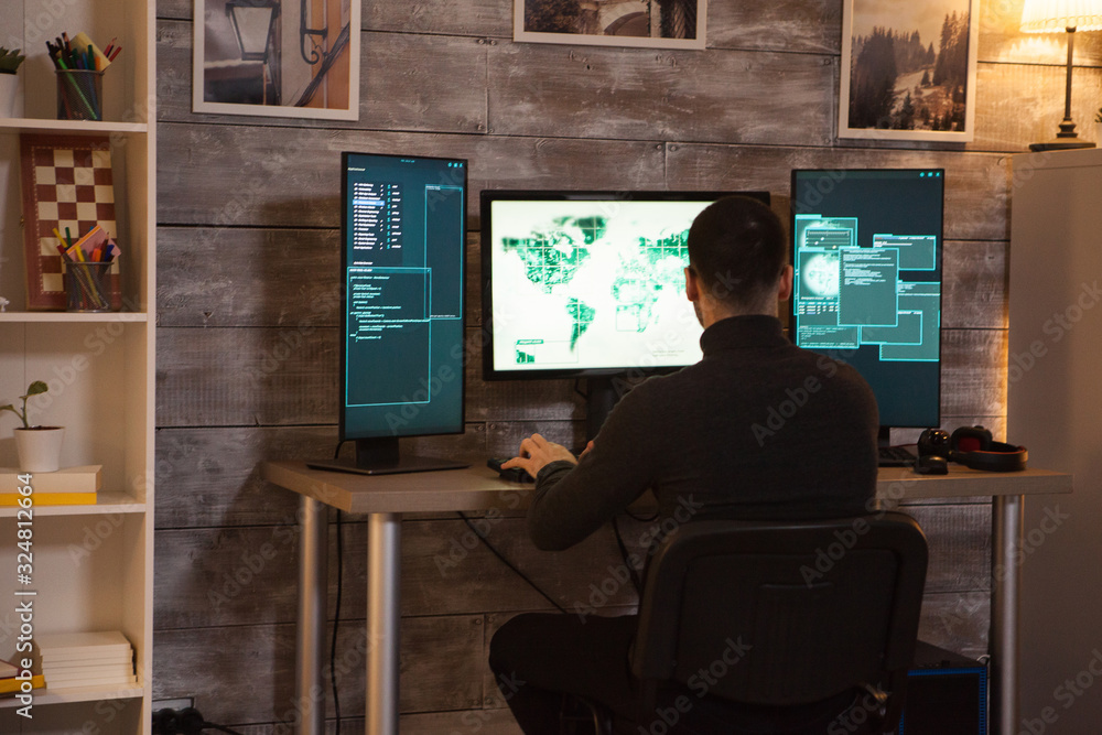 Poster back view of young hacker sitting on desk writing a malware