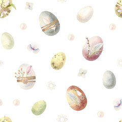 Watercolor Easter cute seamless pattern (texture, background) with decorated Easter eggs and flowers. Perfect for Easter invitations, greeting cards, gift wrapping.