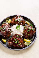 Sweet and spicy honey grilled chicken thighs with rice