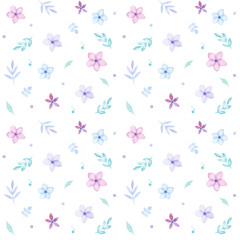 Spring seamless pattern of flowers and leaves in watercolor, greetings card, isolated on white, pastel colors