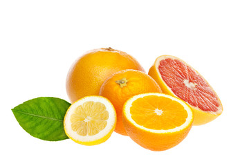 Isolated citrus fruits. Pieces of lemon, lime, pink grapefruit and orange isolated on white background, with clipping path