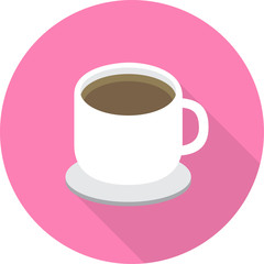 vector flat icon coffee looks like coffee in a white cup isolated on a pink background and has a long shadow. It helps to be alert. 