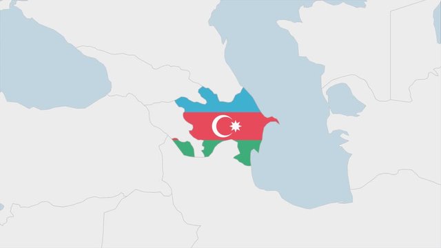 Azerbaijan map highlighted in Azerbaijan flag colors and pin of country capital Baku.