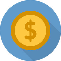 Vector flat Coin icon isolated on a blue background and has a shadow. Used for purchasing consumer goods and services.