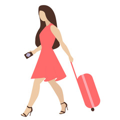 Vector illustration of a traveling young woman with passport and suitcase isolated on white.