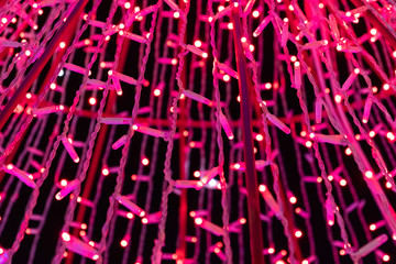 Christmas New Year lights decorations. Hanging down colorful christmas decorations.