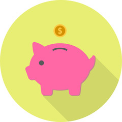 Vector flat piggy bank icon isolated on a yellow background.