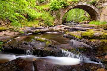 Vista de un puente antiguo sobre el río Camesa, cerca de la población de Valberzoso, en la...