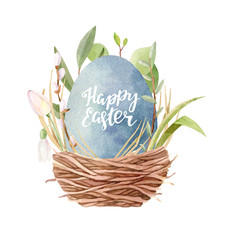 Watercolor spring Easter hand painted illustration (composition) - blue egg in a bird nest with sign «Happy Easter». Decorated with green leaves, willow branches, snowdrops. Perfect for greeting cards
