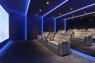 3d home cinema room with blue light and beige leather armchairs with screen - obrazy, fototapety, plakaty
