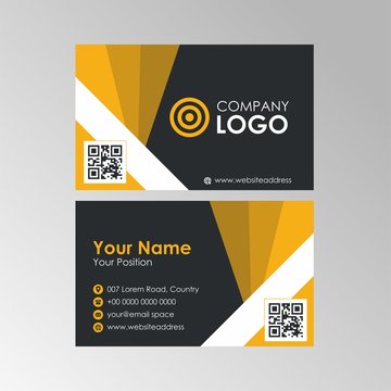 Simple geometric yellow and black business card with qr code design, professional name card template vector