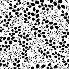 Black leaves floral seamless pattern and backdrop. Elegant plant background. Intricate modern.