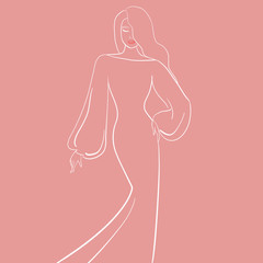 white outline illustration of woman with long hair, long beige dress