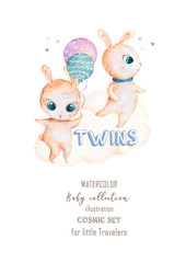 Baby shower invitation, template. Illustration of twins bunnies. Hand drawn watercolor rabbit