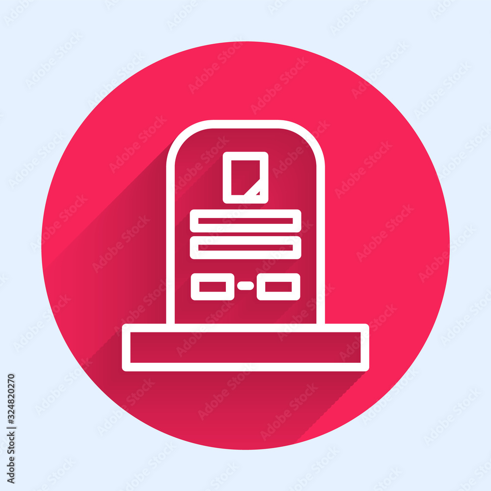 Poster white line tombstone with rip written on it icon isolated with long shadow. grave icon. red circle b